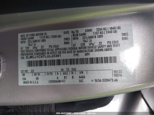 5LMCJ1C97LUL23381 Lincoln Corsair Standard