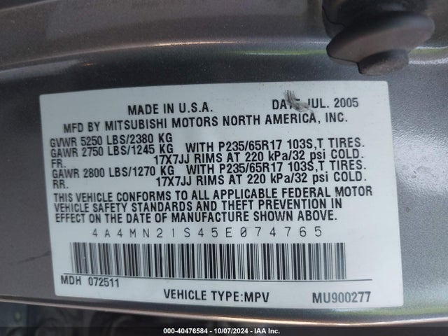 2005 MITSUBISHI ENDEAVOR 4A4MN21S45E074765 Photo 8