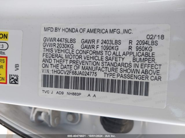 1HGCV2F68JA024775 Honda Accord Ex-l 2.0t
