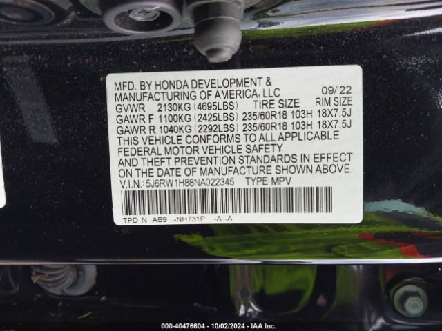 5J6RW1H88NA022345 Honda Cr-v 2wd Ex-l