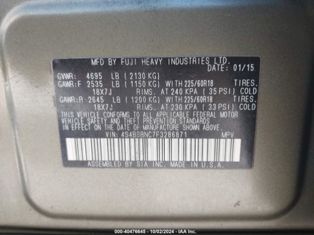 4S4BSBNC7F3286871 Subaru Outback 2.5i Limited