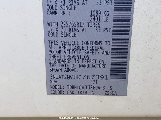 Nissan ROGUE SV 2017 5N1AT2MV1HC767391 Image 9