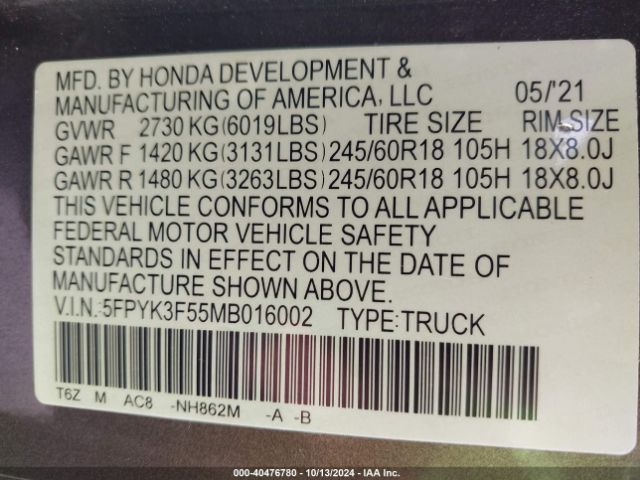 5FPYK3F55MB016002 Honda Ridgeline Awd Rtl