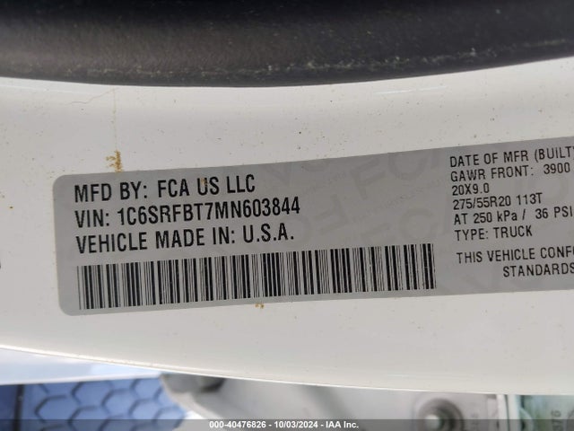 1C6SRFBT7MN603844 RAM 1500 Big Horn  4x4 6'4 Box