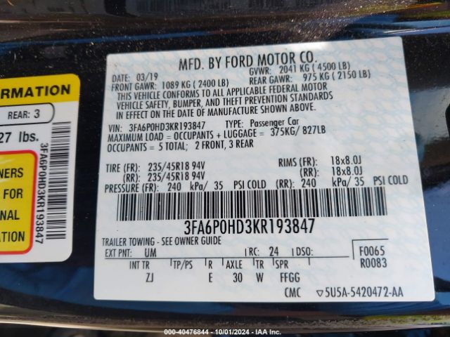 3FA6P0HD3KR193847 Ford FUSION SE