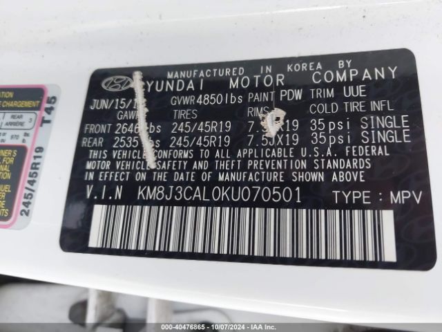 KM8J3CAL0KU070501 Hyundai Tucson Sport