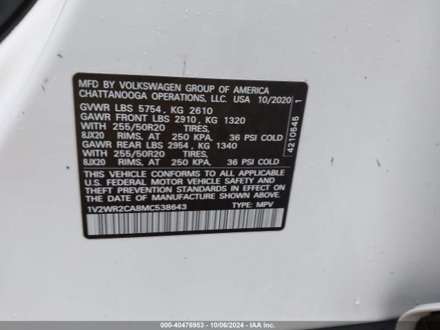 1V2WR2CA8MC538643 Volkswagen Atlas 3.6l V6 Se W/technology