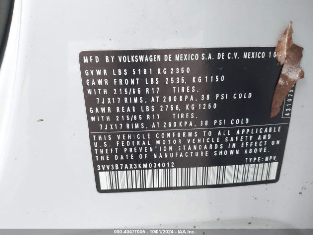 3VV3B7AX3KM034012 Volkswagen Tiguan 2.0t Se/2.0t Sel/2.0t Sel R-line/2.0t Sel R-line Black