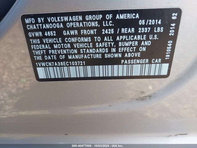 1VWCN7A38EC103721 Volkswagen Passat 2.0l Tdi Sel Premium