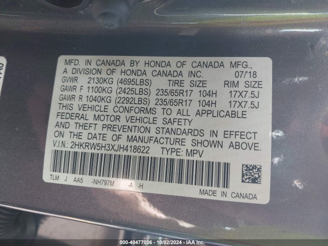 Honda CR-V LX 2018 2HKRW5H3XJH418622 Image 9
