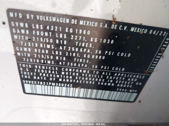 3VVSX7B21PM350242 Volkswagen Taos 1.5t Se