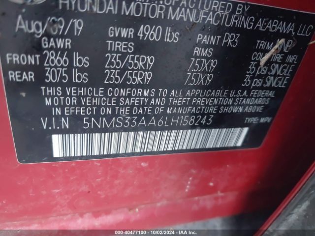 5NMS33AA6LH158243 Hyundai Santa Fe Sel 2.0t