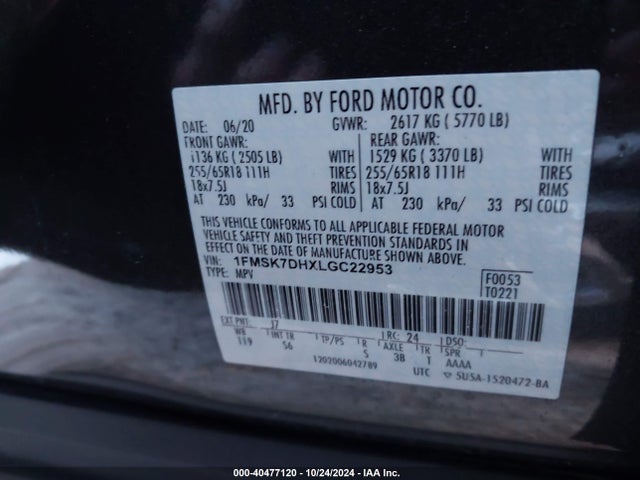 Ford EXPLORER XLT 2020 1FMSK7DHXLGC22953 Image 9