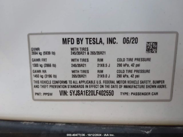5YJSA1E20LF402550 Tesla Model S Long Range Dual Motor All-wheel Drive/long Range Plus Dual Motor All-wheel Drive