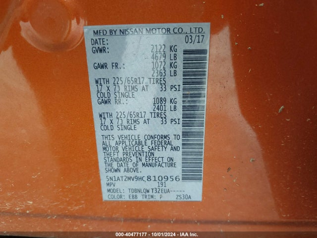 Nissan ROGUE SV 2017 5N1AT2MV9HC810956 Image 9