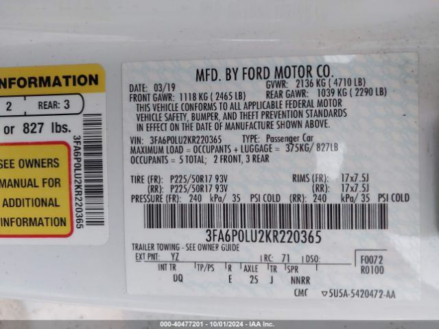 3FA6P0LU2KR220365 Ford Fusion Hybrid Se