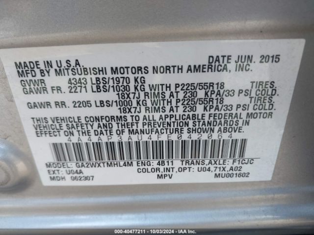 4A4AP3AU4FE042064 Mitsubishi Outlander Sport Es