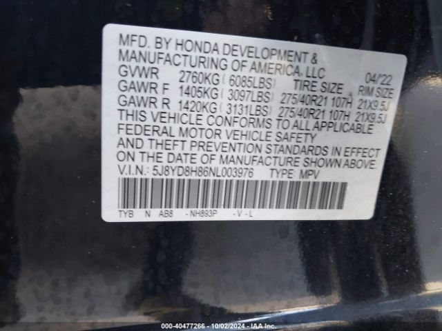 5J8YD8H86NL003976 Acura Mdx Type S W/advance Package