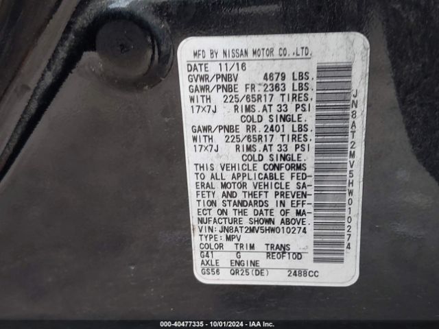 JN8AT2MV5HW010274 Nissan ROGUE S