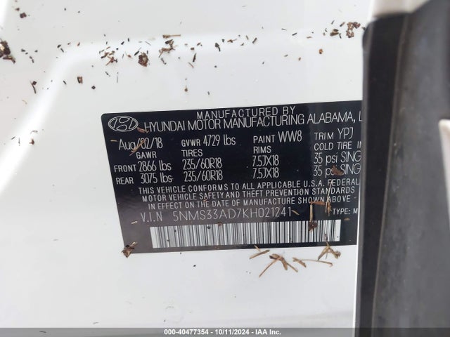 5NMS33AD7KH021241 Hyundai Santa Fe Sel Plus