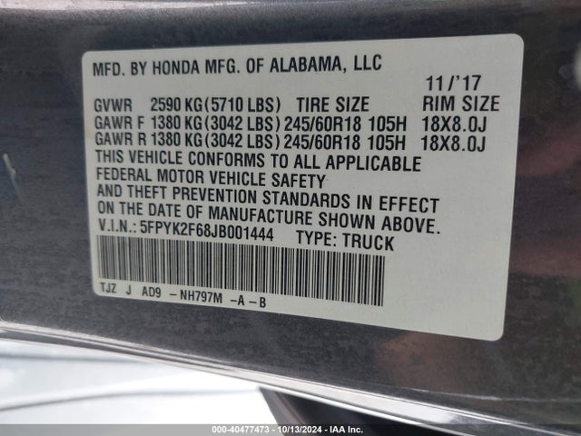 Honda Ridgeline Rtl-t 2018 5FPYK2F68JB001444 Image 9