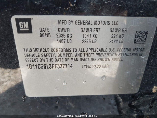 Chevrolet MALIBU 1LT 2015 1G11C5SL3FF337714 Image 9