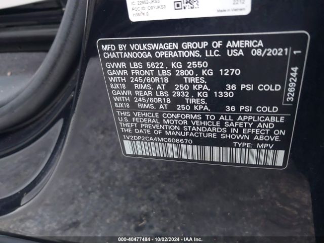 1V2DP2CA4MC608670 Volkswagen Atlas 2.0t Se