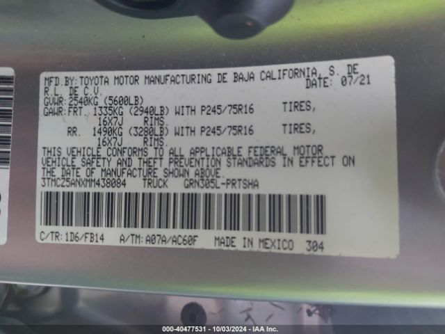 3TMCZ5ANXMM438084 Toyota Tacoma Sr V6