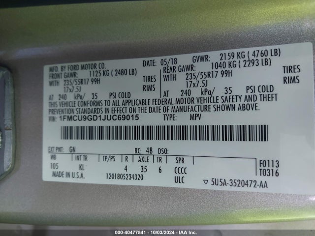 Ford ESCAPE SE 2018 1FMCU9GD1JUC69015 Image 9
