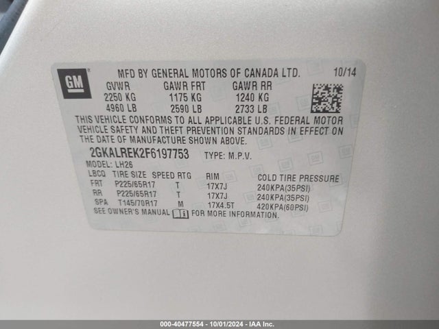 GMC Terrain Sle-2 2015 2GKALREK2F6197753 Image 9