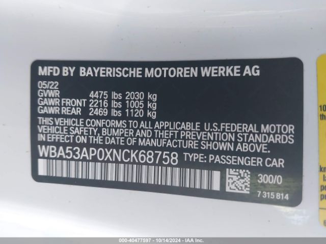 WBA53AP0XNCK68758 BMW 430I