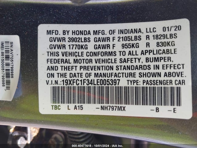 Honda CIVIC EX 2020 19XFC1F34LE005397 Image 9