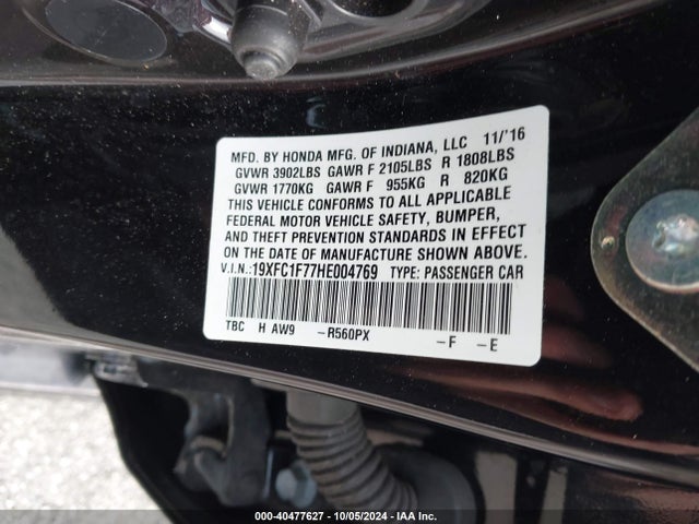 40477627 :رقم المزاد ، 19XFC1F77HE004769 vin ، 2017 Honda Civic Ex-l مزاد بيع