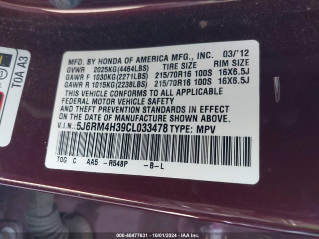 Aukcja sprzedaży 2012 Honda Cr-v Lx, vin: 5J6RM4H39CL033478, numer aukcji: 40477631