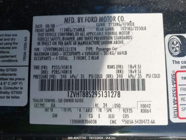 2009 FORD SHELBY GT500 1ZVHT88S295131278 Photo 8