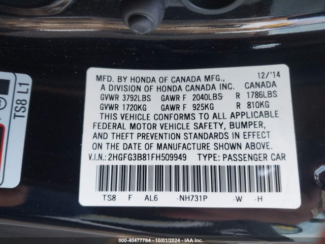 Honda CIVIC EX 2015 2HGFG3B81FH509949 Image 9