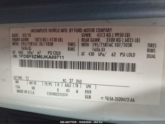 Ford Transit-350 Cab 2018 1FDBF8ZM6JKA69711 Image 9