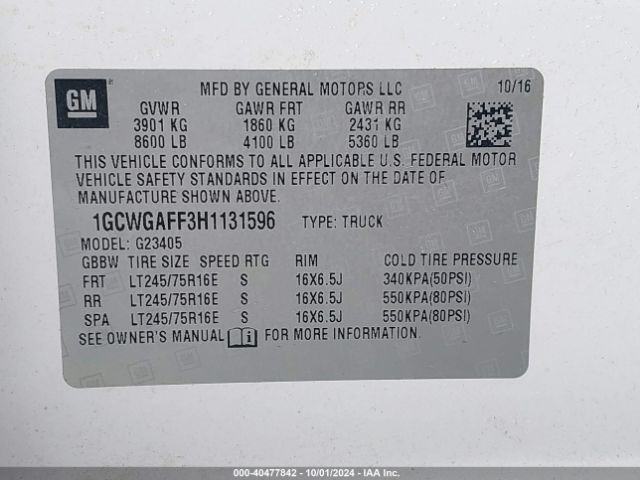 1GCWGAFF3H1131596 Chevrolet Express 2500 Work Van