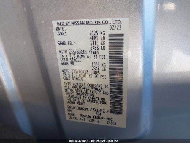 5N1BT3BB2PC791622 Nissan Rogue Sv Intelligent Awd