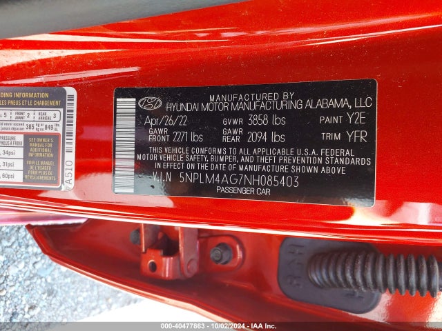 5NPLM4AG7NH085403 Hyundai ELANTRA SEL