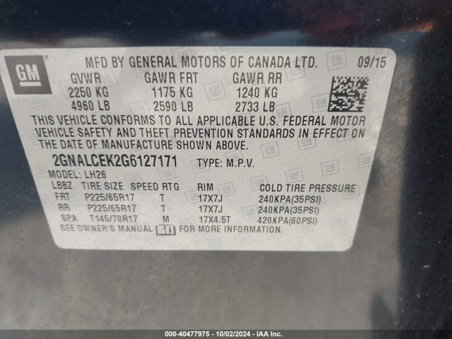 Chevrolet EQUINOX LT 2016 2GNALCEK2G6127171 Image 9