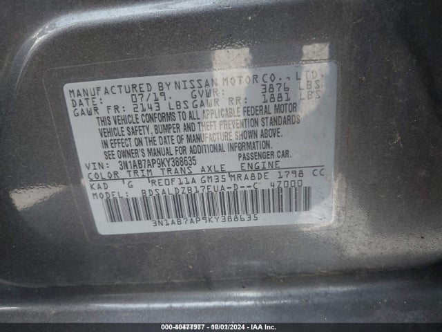 Nissan SENTRA SV 2019 3N1AB7AP9KY388635 Image 9