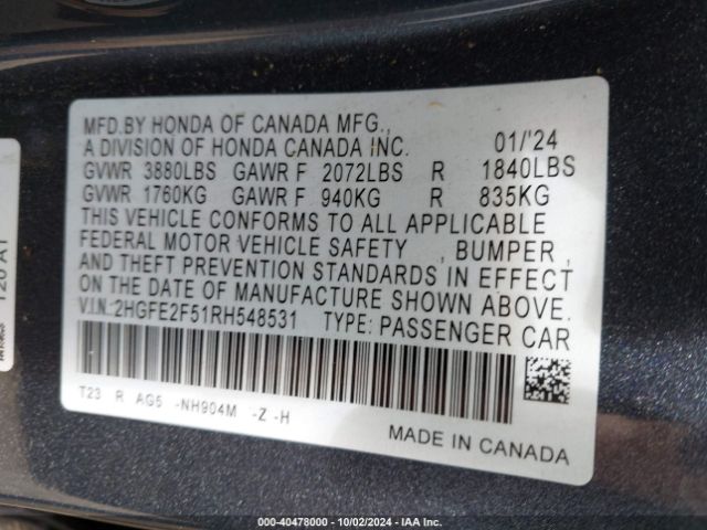 2HGFE2F51RH548531 Honda Civic Sport