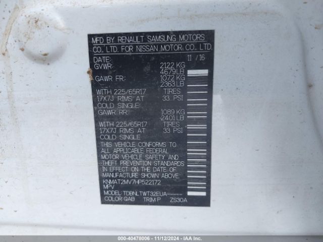 KNMAT2MV7HP522172 Nissan ROGUE SV