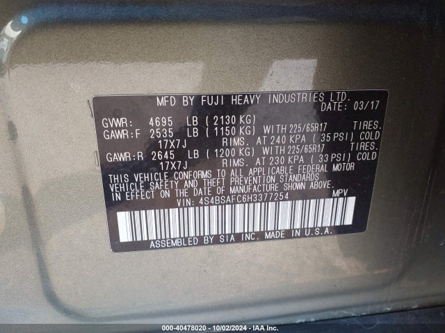 Subaru Outback 2.5i Premium 2017 4S4BSAFC6H3377254 Image 9
