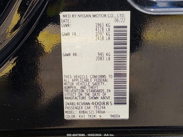 1N4BL4CV6NN400885 Nissan Altima Sr Fwd