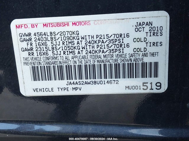 2011 MITSUBISHI OUTLANDER JA4AS2AW3BU014672 Photo 8