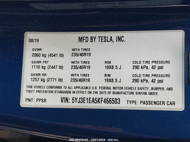 2019 TESLA MODEL 3 5YJ3E1EA5KF466503 Photo 8