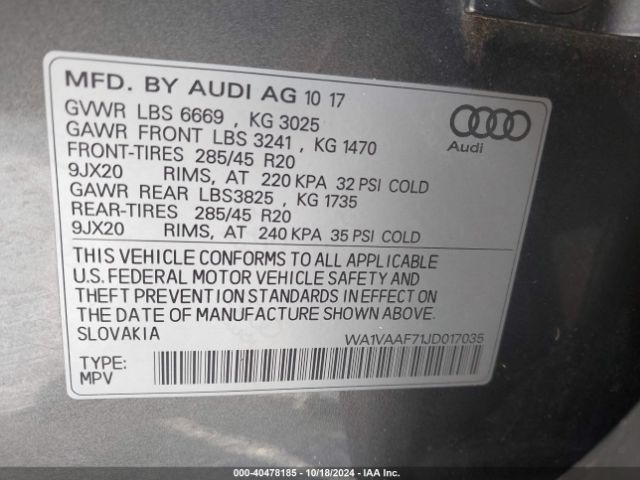 WA1VAAF71JD017035 Audi Q7 3.0t Premium