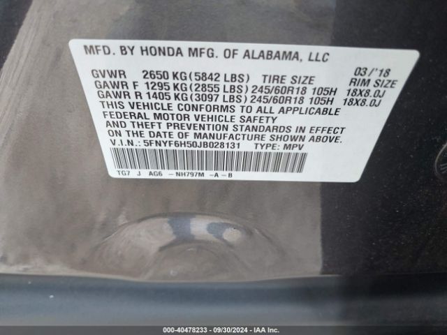 5FNYF6H50JB028131 Honda Pilot Ex-l